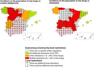 Representation of the existence of access requirements for new drugs at regional and local levels for atopic dermatitis and psoriasis across various ACs (April through May 2023). The fact that both participants are unaware of local limitations does not mean they don’t exist.