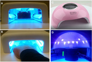 Images of the polymerization lamps used in this study. A) Fluorescent lamp with tube arrangement. B) LED lamp. C) Image of the hand placed to measure the measurement distance (8cm) under the fluorescents. D) Placement of the sensor to measure the spectral irradiance of the LED lighting source.