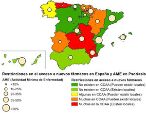 Representación gráfica del nivel de restricciones de cada comunidad autónoma incluida en el estudio, así como de la proporción de pacientes con buen control de la enfermedad psoriásica (medida según la actividad mínima de la enfermedad).