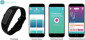 Prototipo de dispositivo de detección de movimiento de HabitAware®: pulsera y aplicación que la acompaña1.