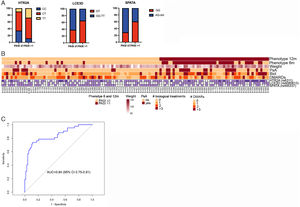 Polymorphisms in HTR2A, LCE3D and SPATA associate with an optimal response (PASI≤1) to brodalumab at 12 months. (A) Genotypes of HTR2A, LCE3D and SPATAATG5 in patients achieving or not an absolute PASI≤1 at 12 months (percentages of patients with indicated genotype is shown). (B) Individual data from patients corresponding to polymorphisms in HTR2A, LCE3D and SPATA genes, weight, PsA, history of biologicals and DMARDs. Presence of risk allele for each polymorphism in shown. Upper bars indicate the phenotype of patients at 12 and 6 months; responders and non-responders patients considering absolute PASI≤1 as effectiveness parameter. (C) Receiver operating characteristic curve for prediction of achieving an absolute PASI≤1 at 12 months based on HTR2A, LCE3D and SPATA polymorphisms, weight, PsA, history of biologicals and history of DMARDs.