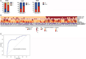 Los polimorfismos en HTR2A, LCE3D y SPATA se asocian con una respuesta óptima (PASI≤1) a brodalumab a los 12meses. A)Genotipos de HTR2A, LCE3D y SPATA ATG5 en pacientes que alcanzaron o no un PASI≤1 absoluto a los 12meses (se muestran los porcentajes de pacientes con el genotipo indicado). B)Datos individuales de pacientes correspondientes a polimorfismos en los genes HTR2A, LCE3D y SPATA, peso, APs, antecedentes de biológicos y FARME. Se muestra la presencia del alelo de riesgo para cada polimorfismo. Las barras superiores indican el fenotipo de los pacientes a los 12 y 6meses; pacientes respondedores y no respondedores considerando el PASI≤1 absoluto como parámetro de eficacia. C)Curva receiver operating characteristic (ROC) para la predicción de alcanzar un PASI≤1 absoluto a los 12meses en función de los polimorfismos HTR2A, LCE3D y SPATA, el peso, la APs, los antecedentes de biológicos y los antecedentes de FARME.