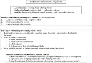 Propuesta de algoritmo de manejo hospitalario de lesiones cutáneas y de partes blandas tras la llegada en patera. * En pacientes que requieran hospitalización, conviene considerar la cobertura de Staphylococcus aureus, bacterias gramnegativas, incluidas Pseudomonas aeruginosa y Shewanella, y Vibrio spp., por lo que sería razonable la cobertura con antibióticos de amplio espectro que incluyan antipseudomónicos y la adición de doxiciclina. ** El papel de las incisiones tipo escarotomía ha sido propuesto por algunos autores13 para frenar la progresión del edema de cutáneo y tejido celular subcutáneo sin criterios de infección, sin embargo, su utilidad no ha sido demostrada.