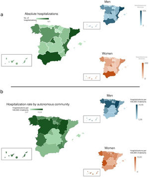 Crude hospitalizations for HS (a) and hospitalization rates (b) by province between 2016 and 2021, overall and stratified by sex.