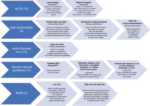 Follow-up of cSCC according to different clinical practice guidelines.49 • *History and physical examination (PE) including complete skin examination and assessment of regional lymph nodes. Follow-up frequency should be adjusted according to risk level. • **History and PE including complete skin examination and assessment of regional lymph nodes; ultrasound should be performed if uncertain findings are detected. • ***History and PE including complete skin examination and assessment of regional lymph nodes; ultrasound should be performed if uncertain findings are detected.