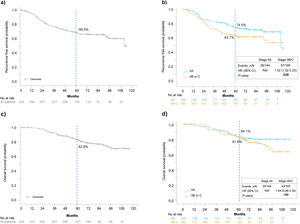 Kaplan–Meier curve of recurrence-free survival for all patients (a), and by stage IIA versus IIB/C (b) and overall survival for all patients (c) and by stage IIA versus IIB/C (d).