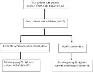 Flow diagram of patients with cutaneous melanoma and positive sentinel lymph node biopsy between 2017 and 2022.