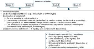 Algorithm for the treatment of acneiform eruption due to MEKi. CPK, creatine phosphokinase; MEKi, MEK inhibitors. a Benzoyl peroxide and isotretinoin may cause xerosis and irritation and should be used with caution. b The use of oral isotretinoin, as well as MEKi, may be associated with increased serum CPK levels; therefore, periodic monitoring is recommended.