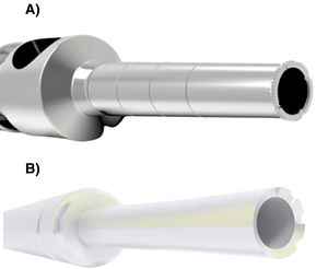 Punch designs for LH-FUE. (A) “Hybrid Tornado Schambach” punch (Devroye Instruments®): serrated tip and 4 cross-shaped notches. (B) “Trivellini long hair punch” (Trivellinitech®): tip with one third cutting edge and two thirds blunt edge, with 4 grooves.