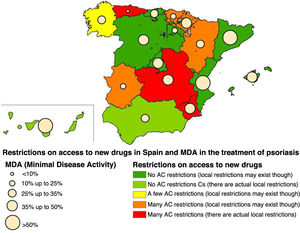 Graphic representation of the level of restrictions in each autonomous community included in the study, as well as the proportion of patients with well-controlled psoriatic disease (measured according to minimal disease activity).