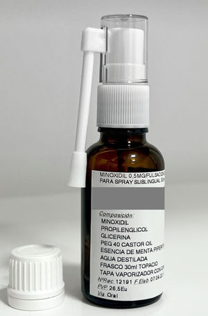 Spray form of sublingual minoxidil with spray application dispenser (0.5mg/per spray application) and composition.