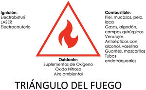 Triángulo del fuego: fuente de ignición, combustible y oxidante.