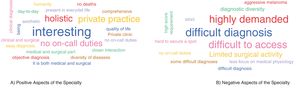 Perception of medical students at the end of the course on A) positive aspects of the specialty and B) negative aspects of the specialty.