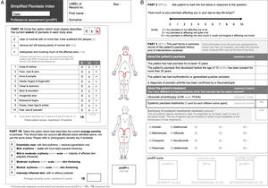 SPI version for professionals (proSPI). It includes the above-mentioned 3 domains. (A) Parts 1A and 1B: severity component (proSPI-s). (B) Part 2: psychosocial component (SPI-p). Part 3: history and interventions (SPI-i).