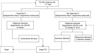 Algoritmo de seguimiento del tratamiento endovascular de los aneurismas de aorta abdominal. TC: tomografía computarizada; Rx: radiografía simple; US: ultrasonografía.