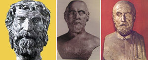 Precursores de la medicina científica (de izquierda a derecha): Empédocles de Agrigento, Alcmeón de Crotona, e Hipócrates de Cos.