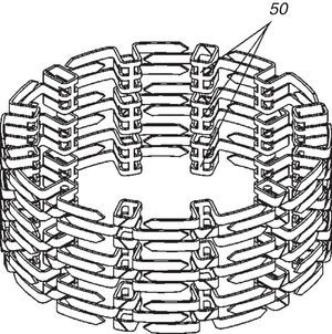 Muestra una vista en perspectiva del conjunto de tres anillos de grapas como el mostrado en la figura 9, y dispuestos de tal modo que las columnas de grapas quirúrgicas presenten una secuencia alterna de las grapas como las mostradas en las figuras 7b y 8b.