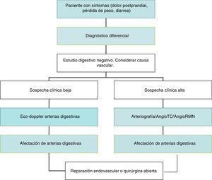 Algoritmo diagnóstico y terapéutico de la enfermedad oclusiva del tronco celíaco y la arteria mesentérica superior.