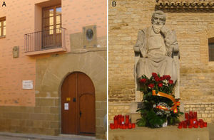 Casa natal de Miguel Servet en Villanueva de Sigena, Huesca (A). Estatua en la plaza de su pueblo con motivo del 500 aniversario de su nacimiento (B).