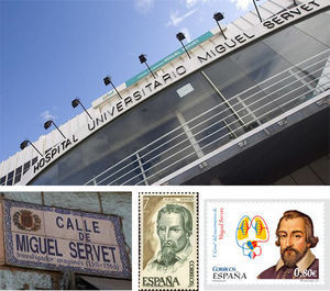 Fachada del Hospital Universitario Miguel Servet (Zaragoza); placa de la calle Miguel Servet (Madrid). Dos sellos de correos en épocas bien diferentes (pta y €).
