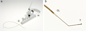 (a) El dispositivo ClariVein® consta de un motor (H) y un catéter de infusión (C). (b) El extremo distal del cable de metal, elemento dispersador del esclerosante, protruye con una punta angulada (T) fuera del catéter (CL).