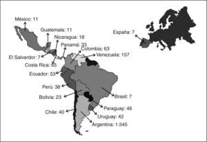 Distribución por países de los 2.166 participantes de los cursos hands on de cirugía laparoscópica desde 1998 a 2007