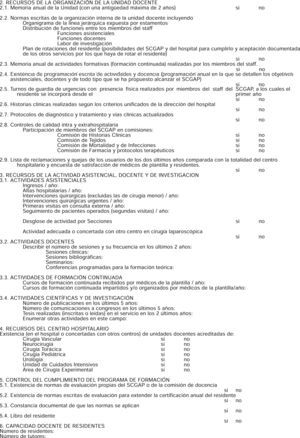 Encuesta remitida a los tutores para la evaluación de los recursos de cada servicio de cirugía general y del aparato digestivo, de acuerdo con el modelo de solicitud de acreditación de unidades docentes vigente.
