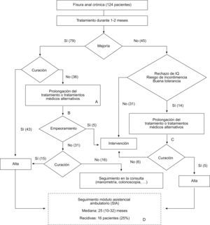 Esquema de actuación y resultados globales en cuanto a mejoría o curación. Entre paréntesis se representa el número total de pacientes en cada categoría. A) Tratamientos médicos alternativos: estándar → nitroglicerina, nitroglicerina → diltiazem. B) Seguimiento en la consulta durante una mediana de 4 (2–7) meses. C) Tres pacientes que no respondieron al tratamiento médico inicial, no volvieron a la consulta tras prolongar o cambiar dicho tratamiento. D) El SIA permitió revisar, retrospectivamente, todos los contactos médicos de los 64 pacientes que curaron, lo que permitió detectar las recidivas.