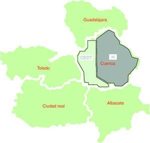 Áreas geográficas de influencia del hospital y CEDT, Cuenca (Castilla-La Mancha).