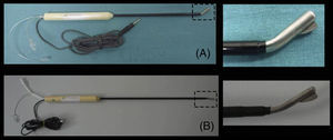 Dispositivo de transección hepática Coolinside® empleado en los estudios experimentales sobre modelo animal. Modelos para cirugía abierta (A) y laparoscópica (B).