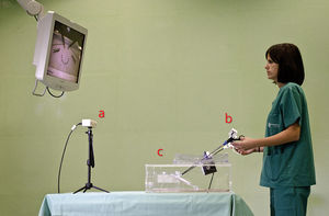 Sistema de formación y evaluación de destrezas quirúrgicas: a) Sistema de seguimiento. b) Instrumental laparoscópico con marcas artificiales de seguimiento. c) Simulador de entrenamiento.