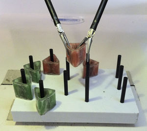 Ejemplo de una transferencia de objetos inanimados realizada en el curso Fundamentals of Laparoscopic Surgery (FLS).