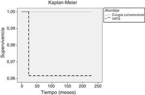 Gráfico de Kaplan-Meier que muestra la supervivencia global en ambos grupos.