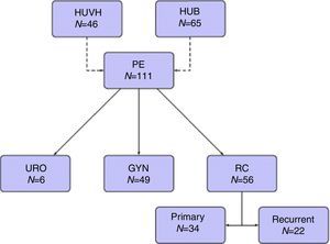 Diagrama de flujo. CR: cáncer de recto; EP: exenteración pélvica; GYN: tumores ginecológicos; HUB: Hospital Universitario de Bellvitge; HUVH: Hospital Universitario Vall d’Hebron; URO: tumores urológicos.
