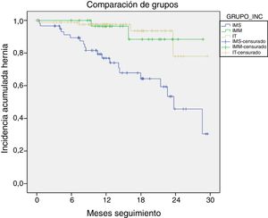 Comparación de las curvas de Kaplan-Meier para la indemnidad de la pared abdominal en los grupos y subgrupos analizados.