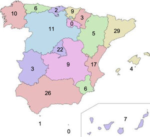 Distribución nacional de las respuestas por centros y comunidades autónomas.