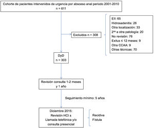 Diagrama de flujo CCAA: Comunidades Autónomas; DyD: drenaje y desbridamiento; EII: enfermedad inflamatoria intestinal; HCI: historia clínica informatizada.