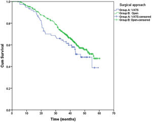 Disease-specific survival (DSS) according to surgical approach: VATS or open thoracotomy.