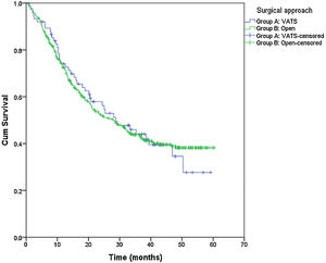 Disease-free survival (DFS) according to surgical approach: VATS or open thoracotomy.