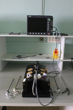 Estación de trabajo con el endotrainer y el instrumental utilizado en el ejercicio.