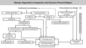 Algoritmo de manejo diagnóstico-terapéutico del DPM de la Sociedad Española de Cirugía Torácica. * Si se prevé más de dos toracocentesis evacuadoras. **Solo si dichos estudios no pueden realizarse en líquido pleural (bloque celular / sobrenadante), o bien en una biopsia obtenida de otro modo (dirigida por imagen / ciega). Ante un paciente con sospecha de DPM si tras una toracocentesis no se obtiene diagnóstico, se procederá a la realización de una VTC diagnóstica para biopsia pleural, valorándose tras ésta, según los hallazgos, la realización de una pleurodesis química con talco y/o la colocación de un CPT. En caso de confirmación histológica tras la toracocentesis, la sintomatología marcará la actitud a seguir, manteniendo una actitud conservadora si el paciente se encuentra asintomático. En caso de pacientes sintomáticos, será la situación clínica basal la que orientará la actitud a seguir. En pacientes con buen ECOG, se colocará un DT. Si se consigue una correcta expansión pulmonar, se recomienda realizar una pleurodesis a través del DT mediante técnica “slurry”. En casos de ausencia de expansión pulmonar o fracaso de la pleurodesis anterior, se recomienda valorar una pleurodesis por VTC o la colocación de un CPT. En paciente con mal ECOG, se valorará según su situación basal la realización de toracocentesis evacuadora o colocación de un CPT. DPM: derrame pleural maligno; VTC: videotoracoscopia; CPT: catéter pleural tunelizado; DT: drenaje torácico.