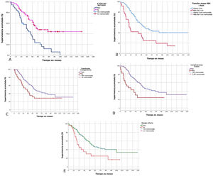 Curvas de Kaplan-Meier para las variables KRAS mutado (A), metástasis hepáticas grandes>4cm (B), transfusión intraoperatoria (C), complicaciones graves (D) y margen afecto (E).