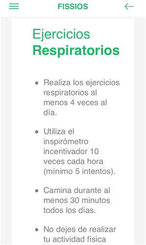 Captura de pantalla de la aplicación. Sección de recomendaciones preoperatorias. En el panel superior se encuentra el icono desplegable del menú y otro icono para retroceder a la pantalla previa. La información está escrita a modo de consejos en una ventana que permite desplazarse arriba y abajo para leer todo el contenido.