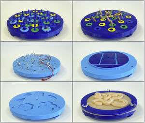 Set of 6 games designed to develop the necessary skills to carry out the laparoscopic technique. From left to right, and top to bottom: b1. Ring game, b2. Peg game, b3. Loop game, b4. Sorting puzzle I, b5. Sorting puzzle II, and b6. Suture game.