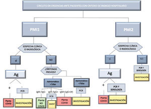 Protocolo de cribado de infección COVID en pacientes con criterios de ingreso durante la primera y segunda ola. Ag: test de antígeno para COVID-19.