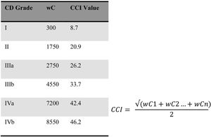 Comprehensive Complications Index as proposed by Slankamenac et al. in 201321. CD grade V complications always result in a score of 100.