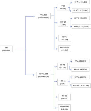 Evolución clínica de los pacientes con y sin VGL (las complicaciones asociadas no son excluyentes, los pacientes pueden presentar más de una complicación). FP: fístula pancreática; FP A: fístula pancreática tipo A; FP B/C: fístula pancreática tipo B/C; HPP: hemorragia pospancreatectomía; HPP A: hemorragia pospancreatectomía tipo A; HPP B/C: hemorragia pospancreatectomía tipo B/C; INF: complicaciones infecciosas; VGL: vaciamiento gástrico lento.