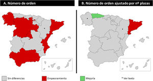 Evolución por Comunidades Autónomas de la elección por número de orden (A) y número de orden ajustado por número de plazas (B) en el periodo 2018-2022.