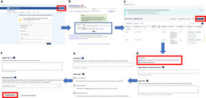 Paso a paso del registro en Clinicaltrials.gov.a) Iniciar registro mediante botón de «PRS Login».b) Rellenar campos de organización, nombre de usuario y contraseña.c) Abrir formulario.d ye) Rellenar formulario siguiendo instrucciones de campos obligatorios.f) Crear entrada al registro mediante botón de «Create Record».