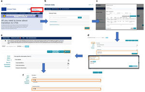 Paso a paso del registro en CTIS. a) Acceder a la web de «CTIS Clinical Trials» como usuario.b) Crear una prueba de transición mediante botón «nueva prueba».c) Rellenar formulario apartado para vincular datos del número EudraCT. d) Rellenar borrador de solicitud.e) Rellenar «Parte I» y «Parte II» para completar los campos obligatorios de la solicitud.f) Enviar solicitud mediante botón «enviar» y botón «confirmación».